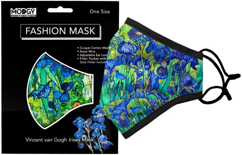 MODGY Fashion Mask 3-Layer Cloth Face Masks with Filter Pocket Insert, Nose Wire, Adjustable Ear Loops, Breathable, Reusable, Washable, Women, Men, Adults, Van Gogh Irises