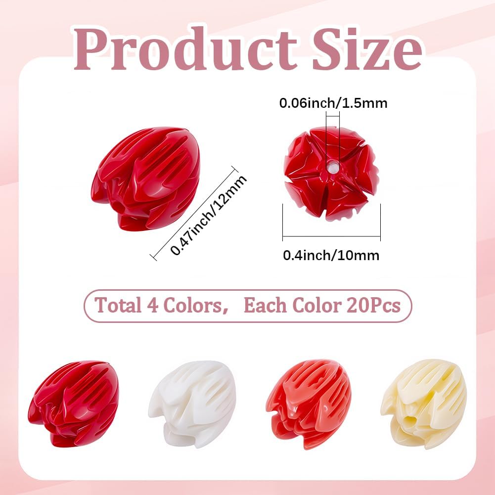 80Pcs 4 Styles Carved Coral Beads Hawaiian Flower Beads Colorful Hawaii Summer Jasmine Pikake 12mm Floral Synthetic Coral Small Loose Spacers for Jewelry Bracelet Necklace Earring DIY Decor