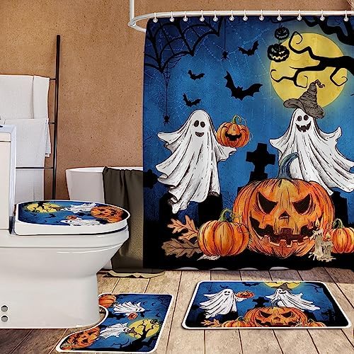 Amazon.com: Halloween Shower Curtain Set for Bathroom,4 Piece Spooky ...