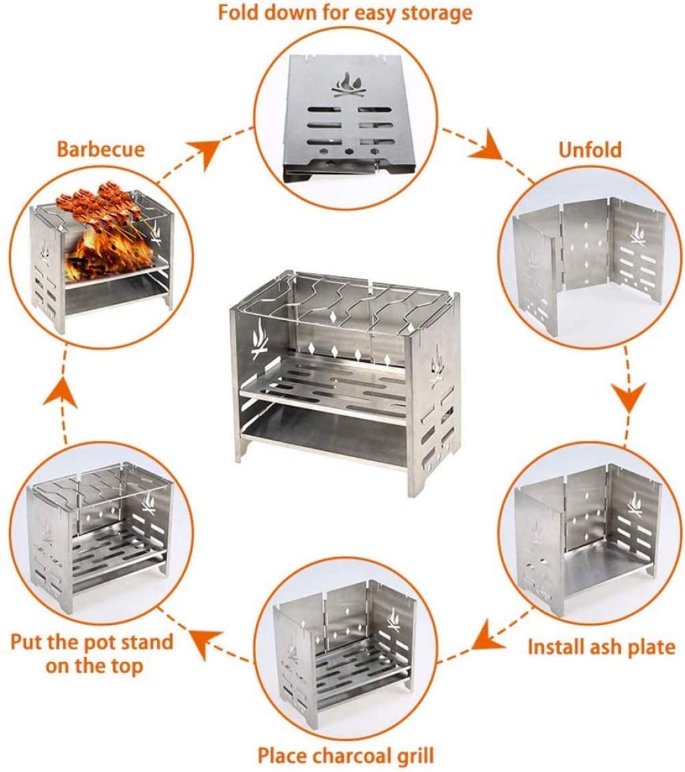 Réchaud de Camping Pliable Sac à Dos Réchaud Portable Mini Réchaud à Bois Pliant Réchaud en Acier Inoxydable Pique-Nique Grill Réchaud pour Camping en Plein Air Cuisine,A