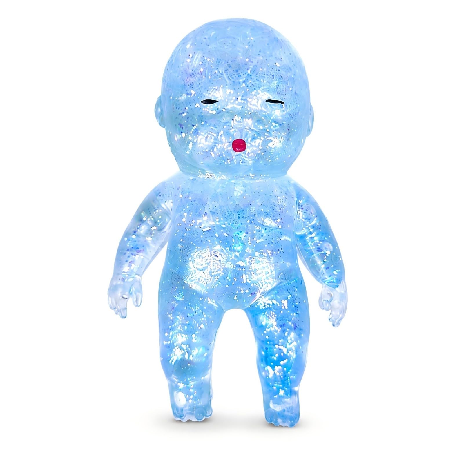 Plimto Glitter Baby Doll Squishy Toy, 14cm Slow Rising TPR Squeeze Fidget Toy, Sparkly Sensory Stress Relief Toy, Cute Desk Toy Gift for Older Kids Teens Adults (Blue Glitter)