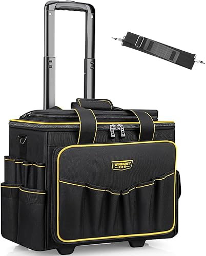 Miniatura 3 de Bolsa de herramientas con ruedas de boca ancha de 18 pulgadas, 32 bolsillos con mango telescópico y 2 ruedas, color negro