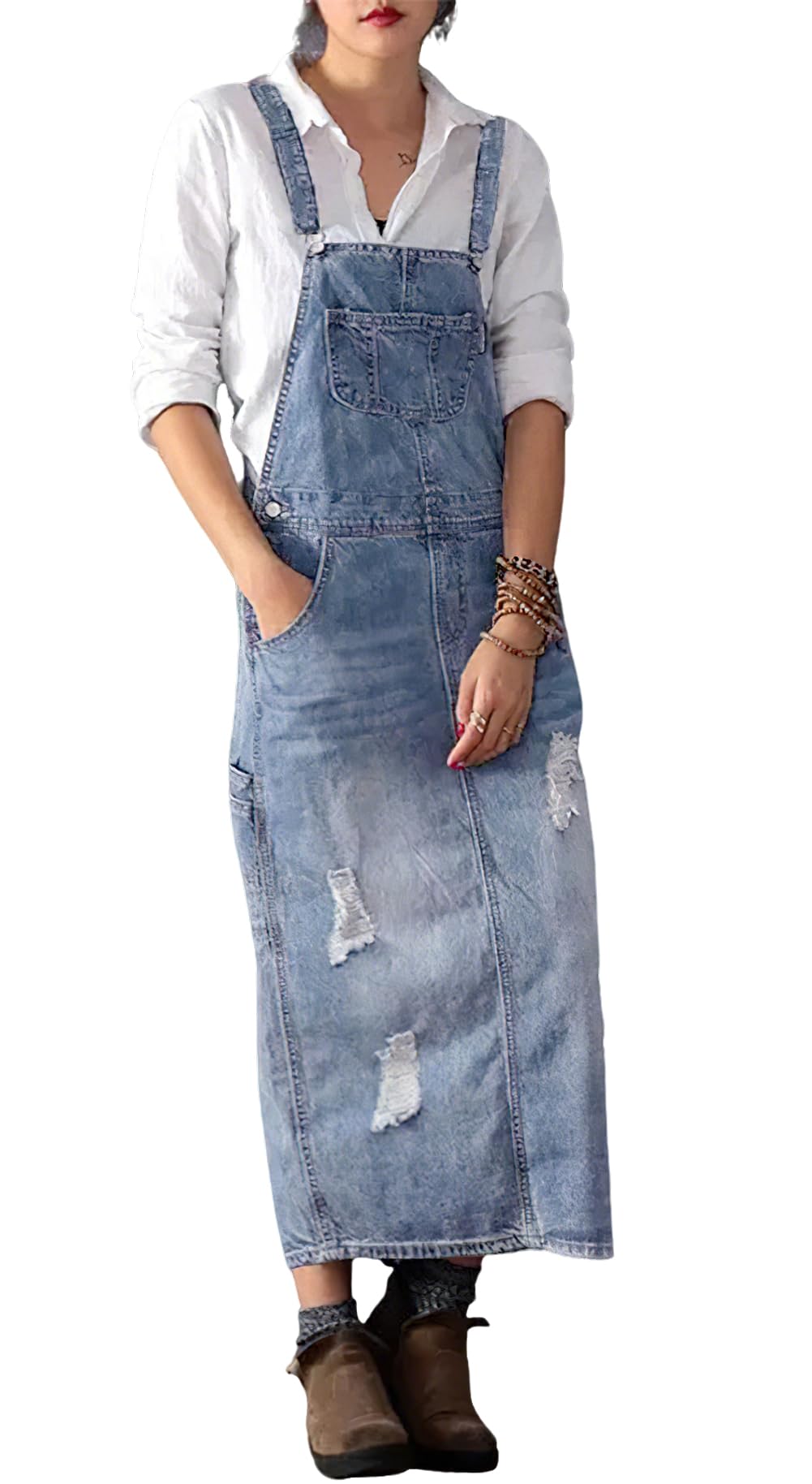 loveimgs Women Distressed Denim Overall Dress Bib Long Jean Jumper Ripped Adjustable Straps Patchwork Pinafore Dress