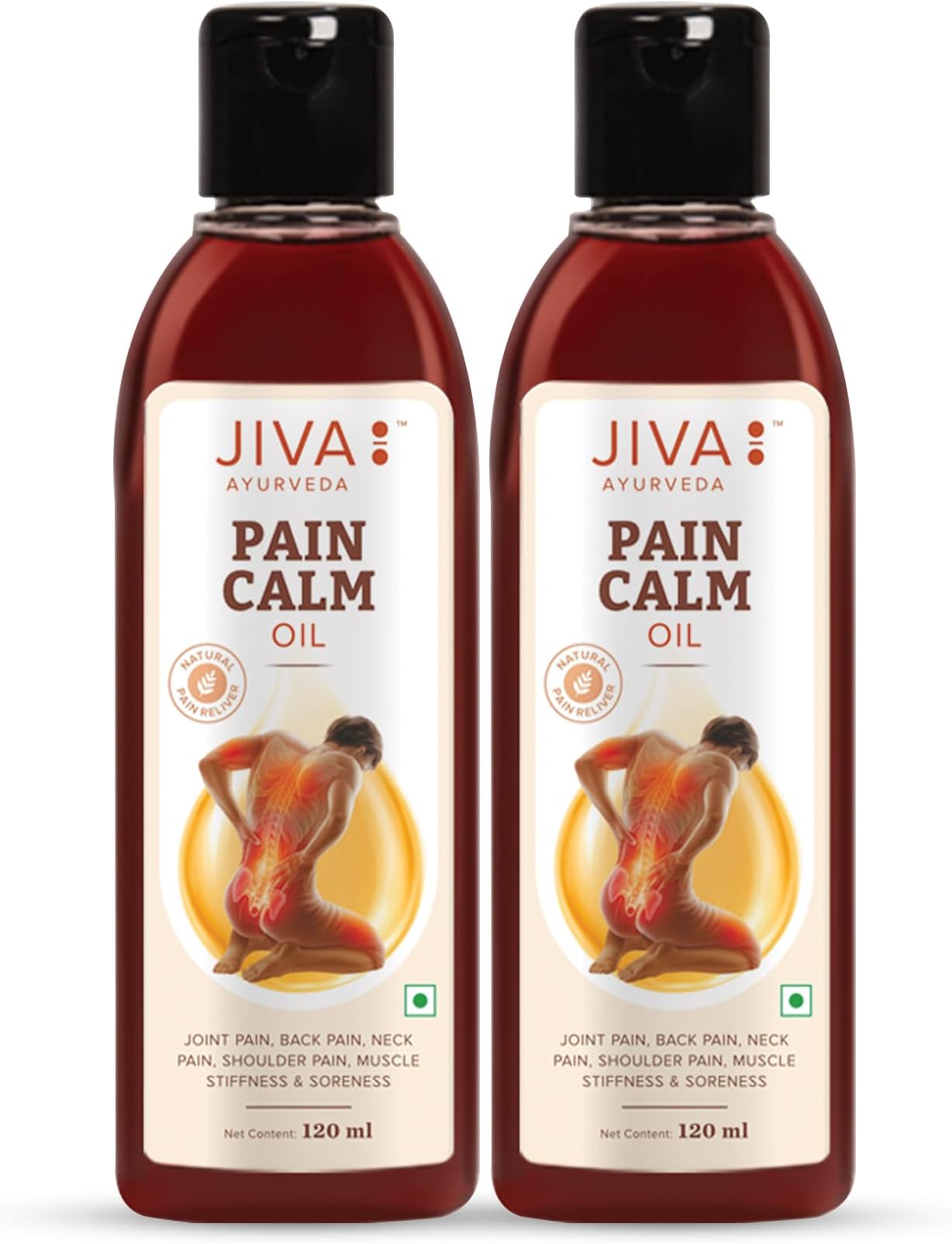 Jiva Pain Calm Oil 120ml (Pack of 2) Blend Of 5 Ayurvedic Oils, Quick Absorption, 100% Natural, Ayurvedic Pain Relief Oil for Joint, Back, Knee, Shoulder and Muscular Pain