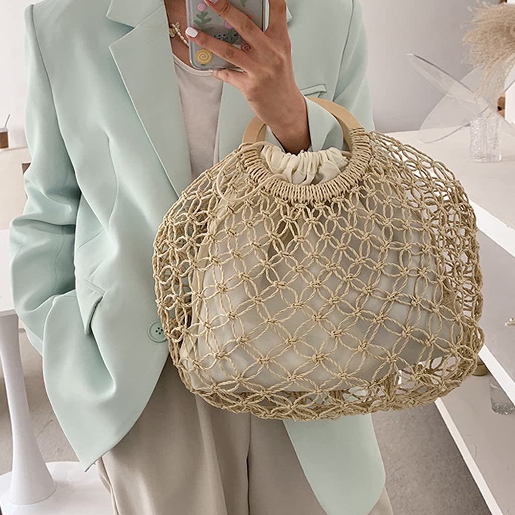 Bolsas De Playa Bolsas De Paja Bolsa De Paja Tejida A Mano, Mujer Beach Tejido De Bolso De Paja Mango Superior Hueco De Pesca De Crochet Bolso Neto De Color Caqui (Color : Khaki)