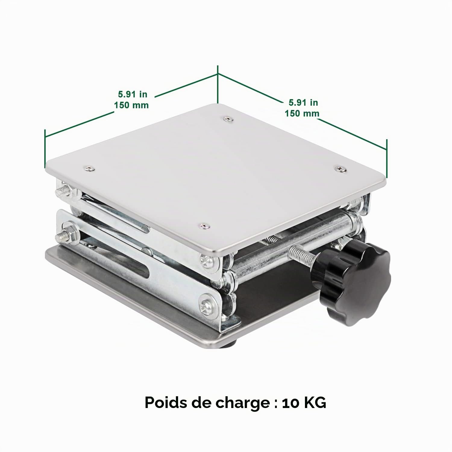 FunChem Cric ciseau de laboratoire, 150 x 150 mm, support pliant de laboratoire, hauteur réglable de 75 mm à 260 mm, charge maximale 10 kg