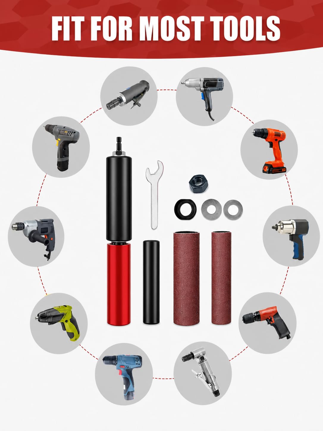 Kit de Mandrin de Ponçage de Perceuse 3/8 Pouces | Adaptateur de Ponceuse à Broche, Tambour de Ponçage en Caoutchouc à Main, pour Bois, Métal