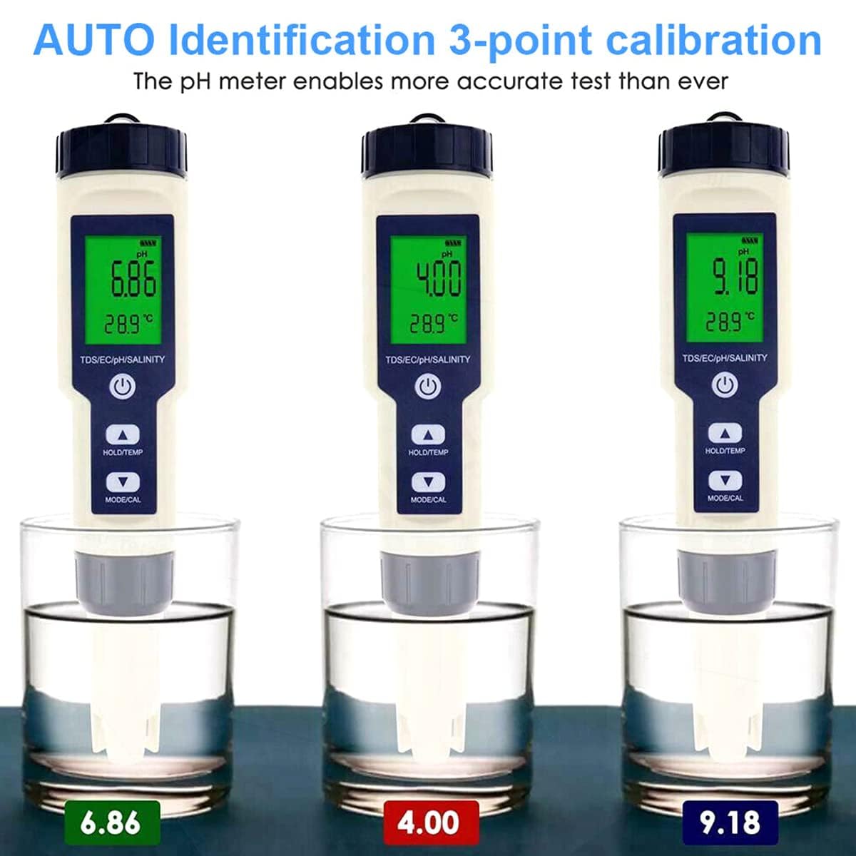 FUYGRCJ- Water Tester Water Quality Tester Digital pH Meter PH EC TDS Salinity Temp 5 in 1 Pen Meter Precise LCD Digital Multifunctional Water Quality Monitor Test for Aquarium Hydroponics(Blue)