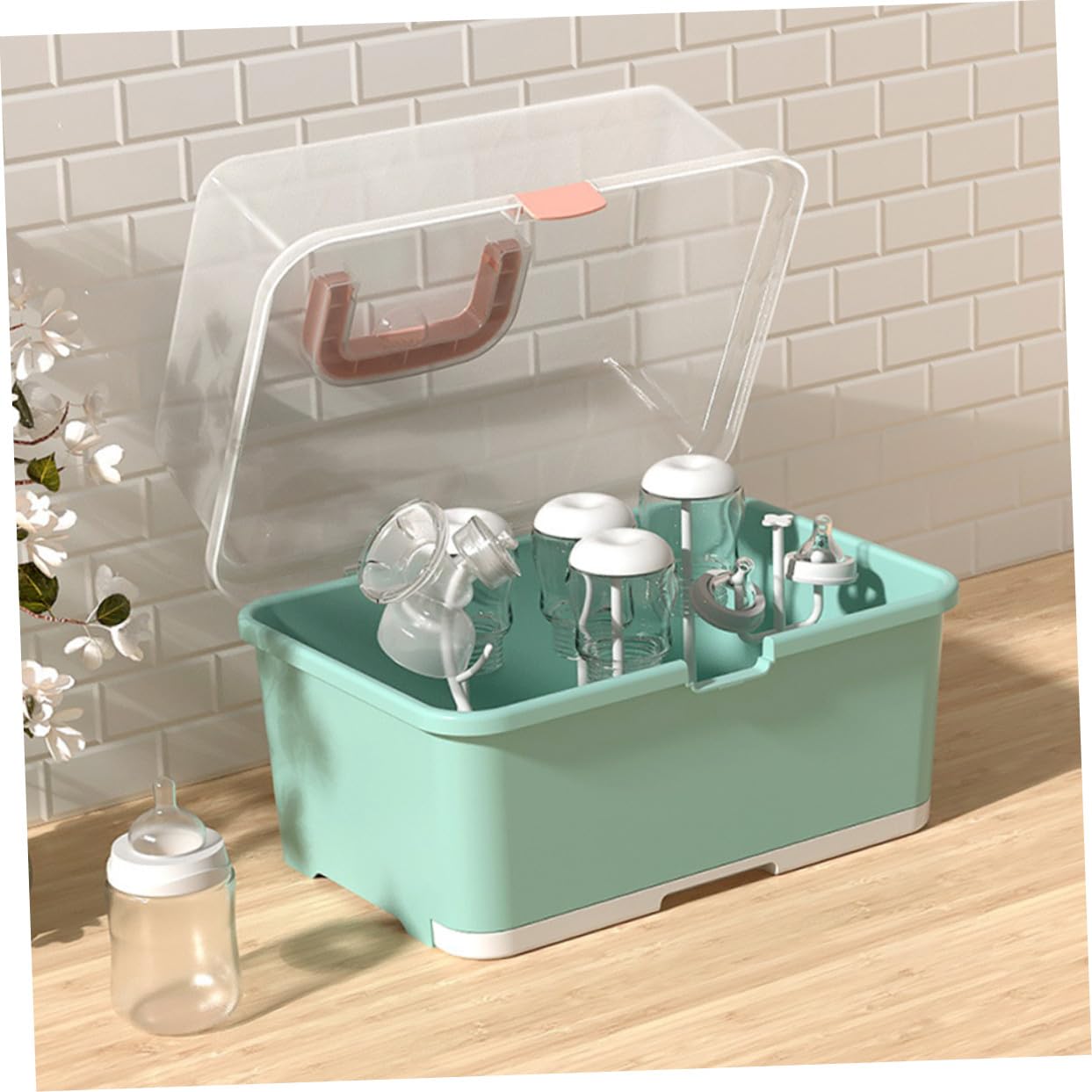 Trocknungs und Aufbewahrungsbox für Babyflaschen aus Kunststoff mit Griffdesign Staubschutzdeckel Geeignet für Stillzubehör und Sauger für Zuhause