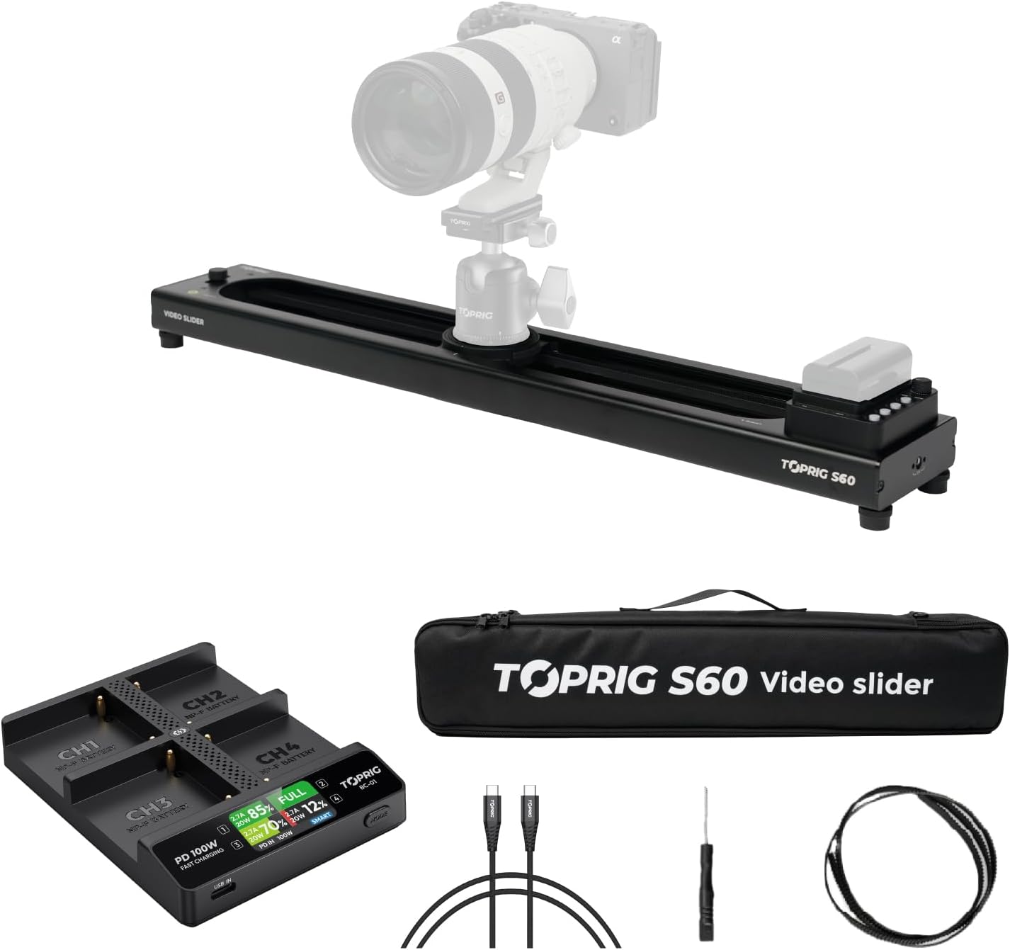 Accsoon Toprig Motorized Camera Slider with 4-Bay NP-F550/750/770/960/970 Camera Battery Charger