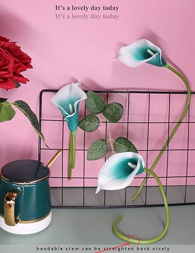 Miniatura 5 de Mini ramos de calas artificiales de 15 pulgadas, 10 tallos de látex, flores artificiales de tacto real para decoración del hogar y fiestas (verde