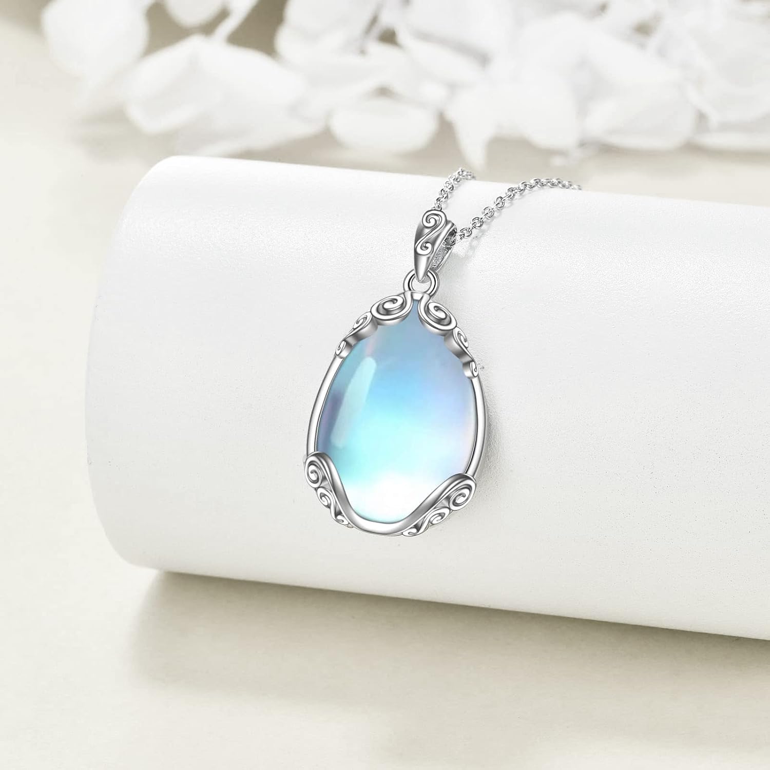 YAFEINI 925 Sterling Silver Moonstone Necklace Filigree Teardrop Pendant Necklace Jewelry for Women Girls