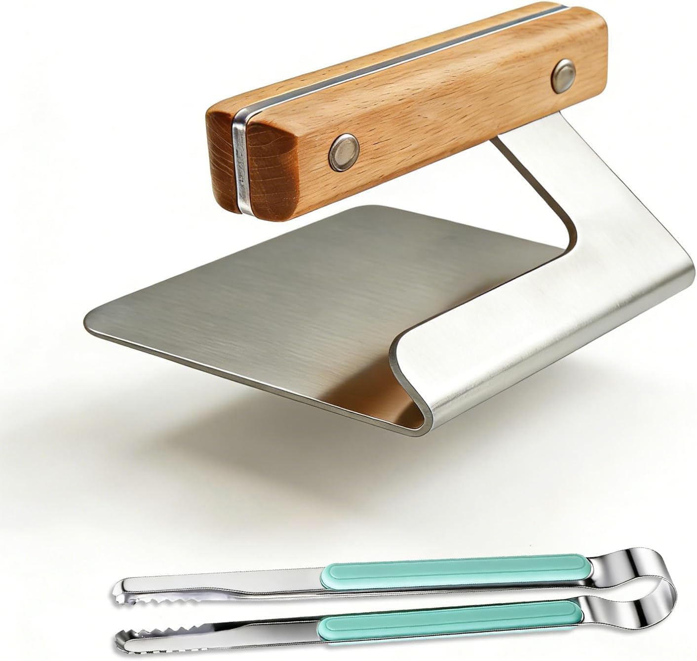 5.5" Smash Burger Press with Steak Tong, 304 Stainless Steel Hamburger Smasher Tool with Wood Handle, Non Stick Grill Press for Patty, Steak, Sandwiches, Heavy-Duty Flat Top Griddle Grill Accessories