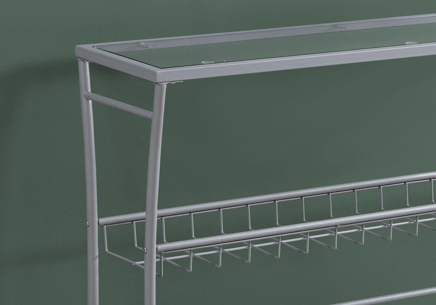 Sleek Silver Metal & Glass Console Table with Storage Shelf