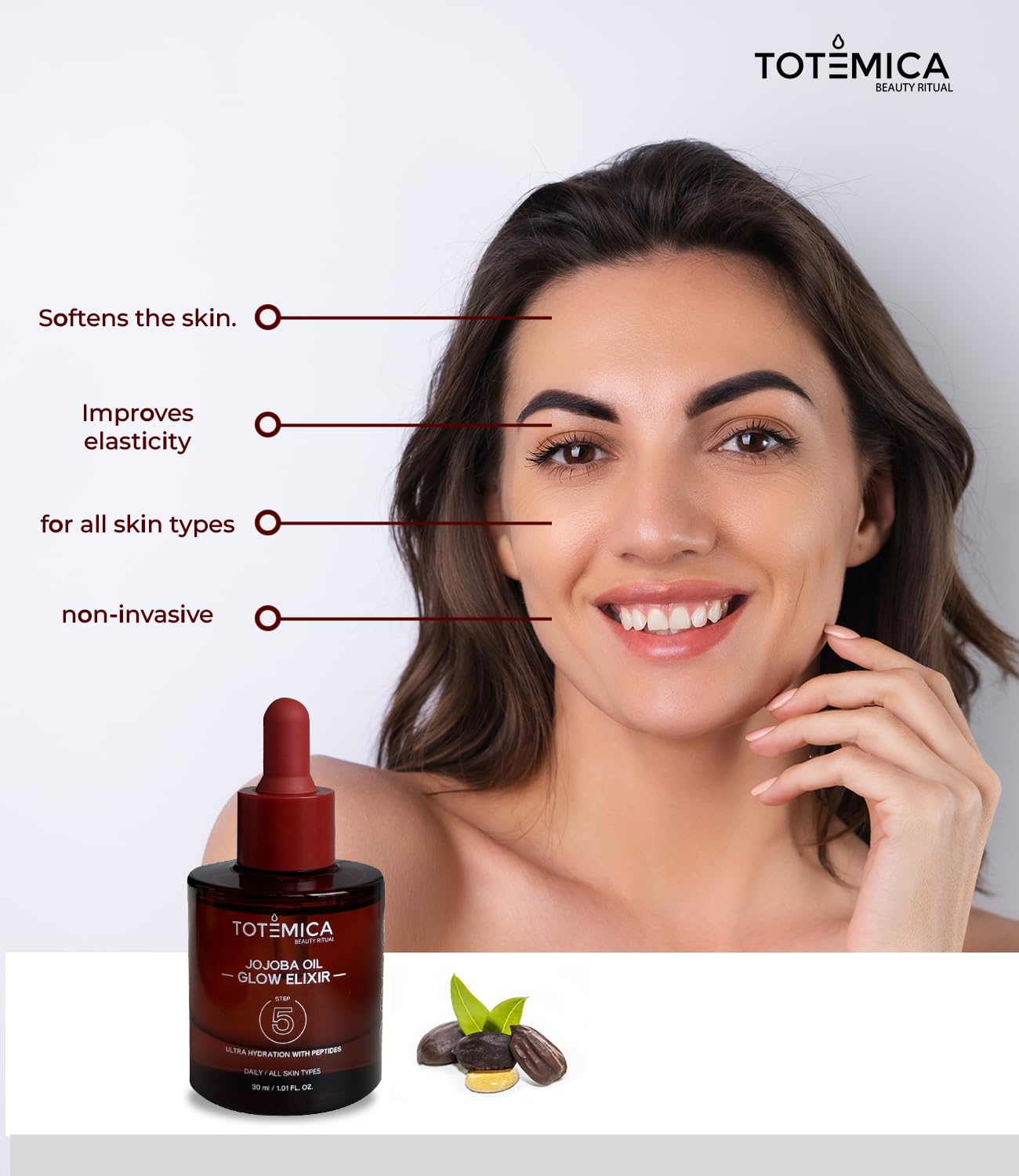 TOTEMICA Organic Jojoba Oil Glow Elixir – Hydrating & Anti-Aging face oil with Peptides | Vegan & Non-Comedogenic facial oil & moisturizing body oil for skin oil & hair oil (1.01 Fl Oz) - Image 2