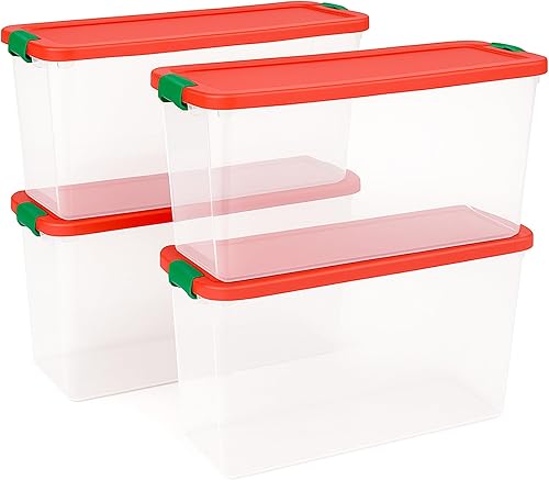 HOMZ Paquete de 4 contenedores de almacenamiento de plástico transparente con tapas y divisores, 112 cuartos de galón, color rojo, contenedores