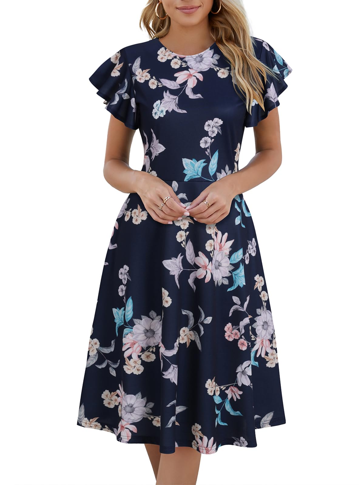 MSLG Women's Fit and Flare Ruffle Short Sleeves Dresses Work V-Back Cocktail Semi Formal A Line Dress with Pockets 842