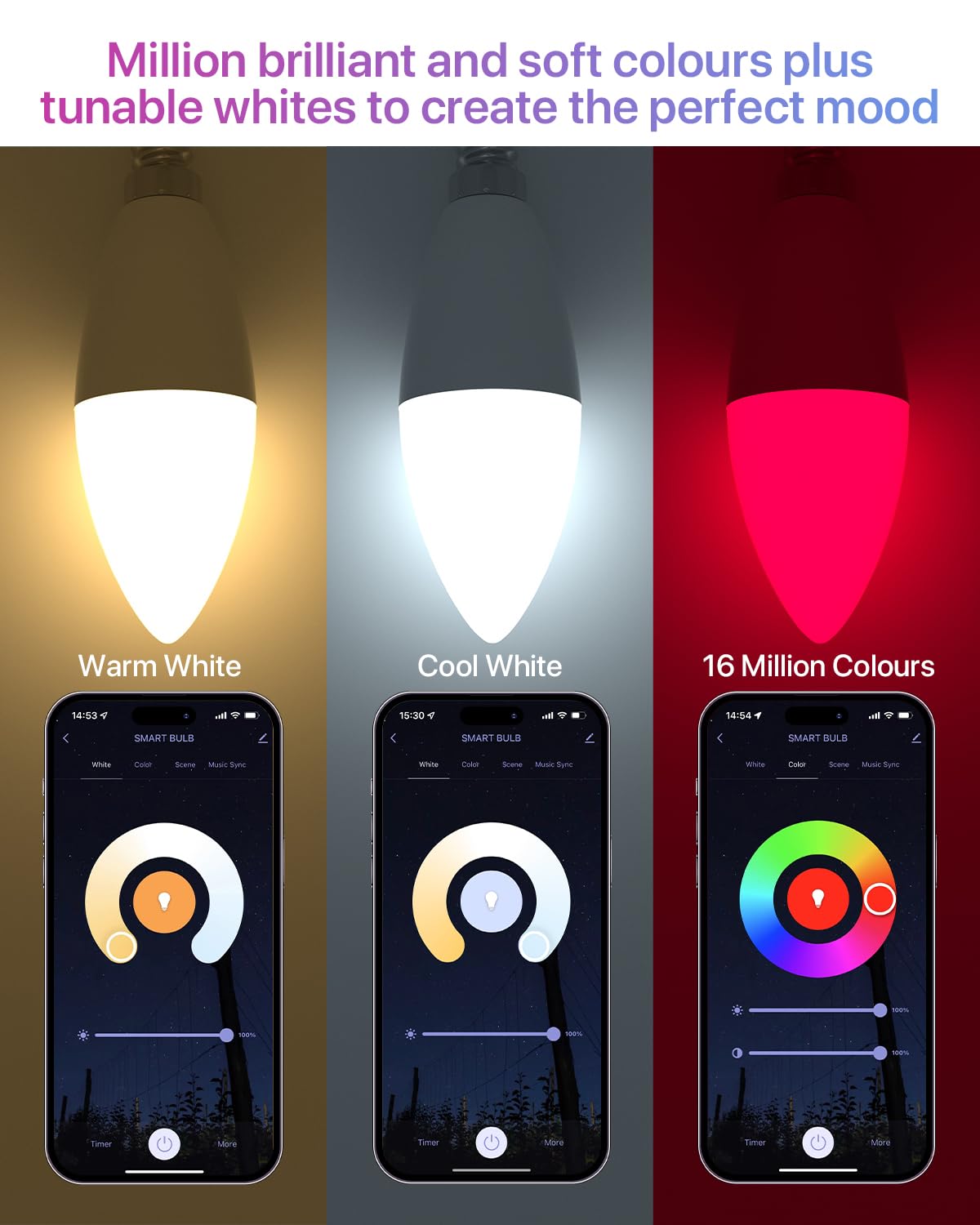 LUTW Smart Light Bulb E14, 5W 470LM C37 Alexa Light Bulbs E14, Color Changing Light Bulb - Image 3