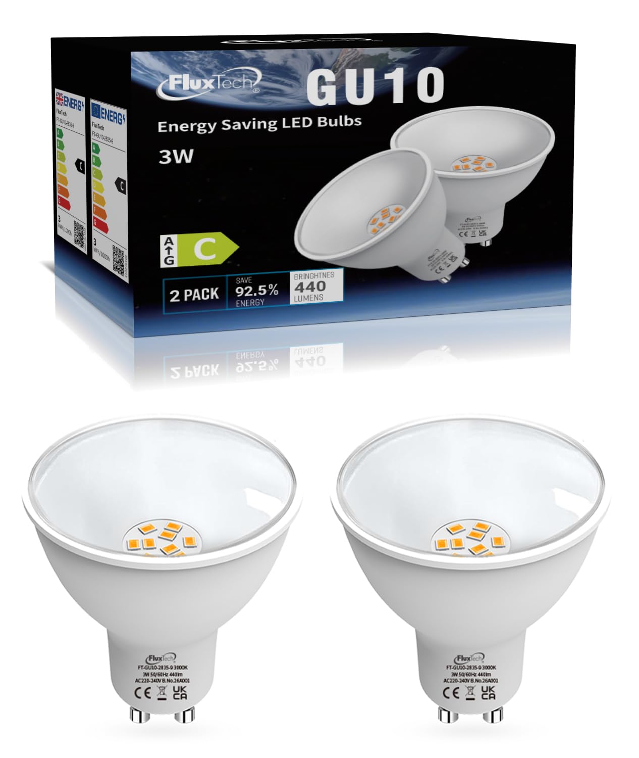FluxTech GU10 LED Bulbs Warm White 3000K, Energy Class C, 3W 410lm LED Light Bulb, 40W 50W Equivalent, 110° Beam Angle Non-Dimmable, 2 Pack