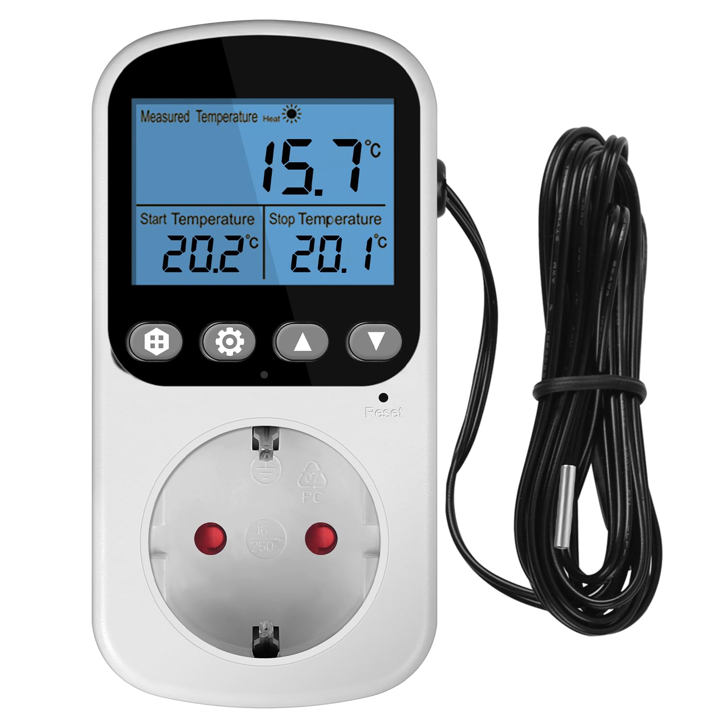 STEEIRO Temperaturregler Steckdose 230V mit Timer und Fühler, Digital Thermostat Steckdose Heizung Kühlung Temperaturschalter für Gewächshaus Terrarium Kühlschrank Aquarium (mit blauem LED-Display