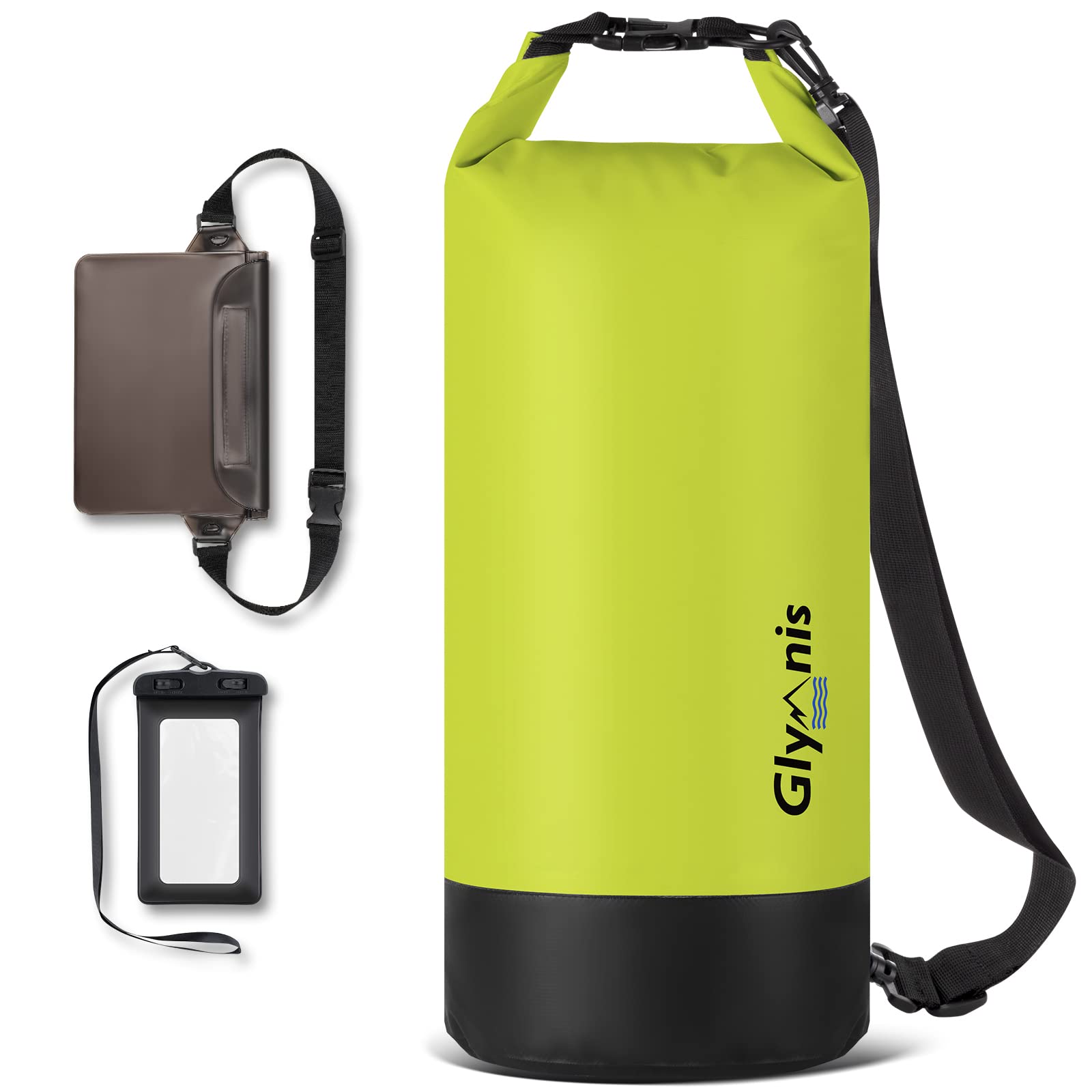 Glymnis Borsa Impermeabile con Tracolla Regolabile, 5L 10L 20L | 2 Custodie Cellulari, Tasca Interna, 3 in 1 Marsupio Impermeabile, Convient Barca Pesca Rafting Nuoto Kayak Campeggio