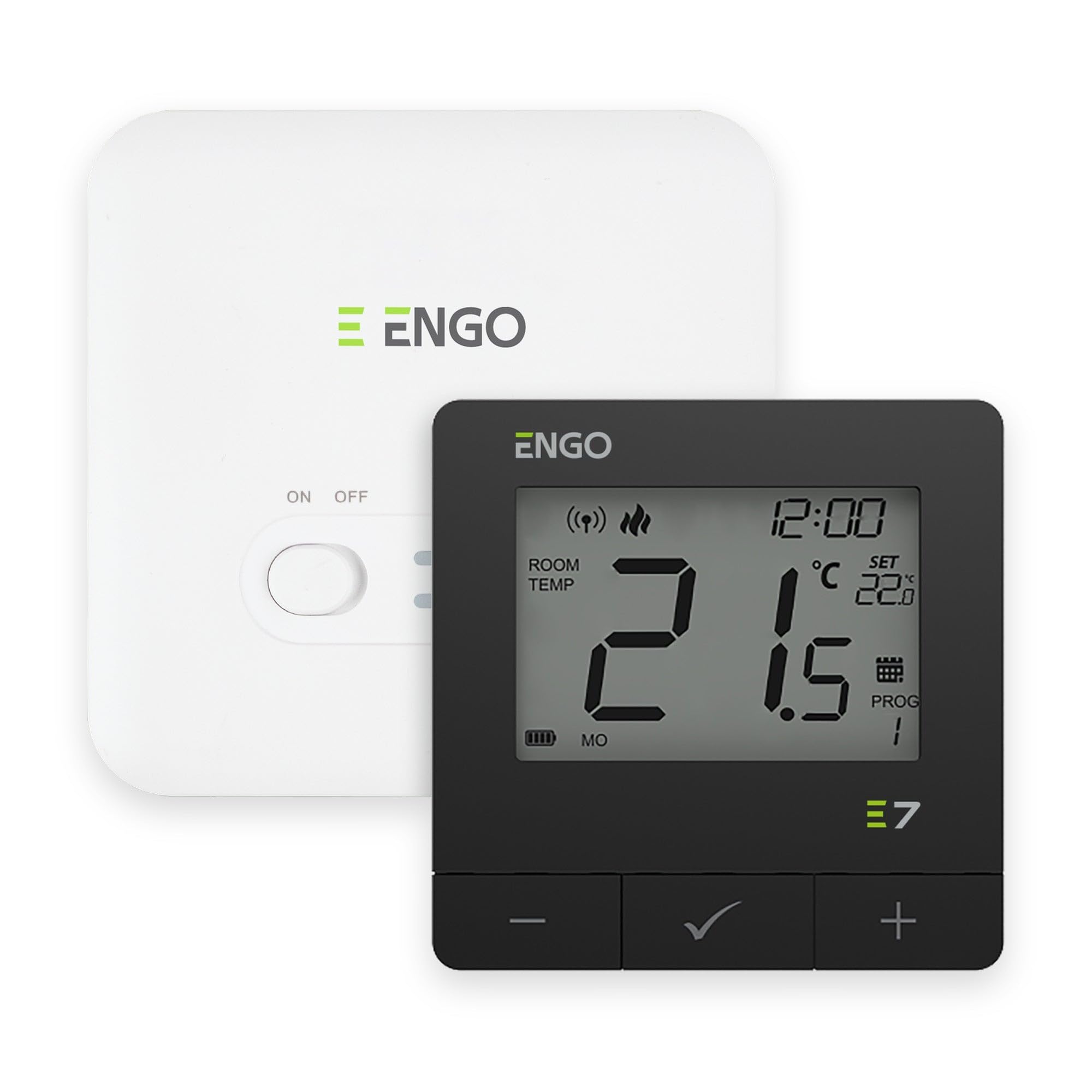 ENGO E7-RF Wireless Programmable Room Thermostat and Receiver Kit Black | 868MHz, 100m, no wifi or app needed. 16A receiver for boiler or pump, 4 daily time and temp settings, batteries included