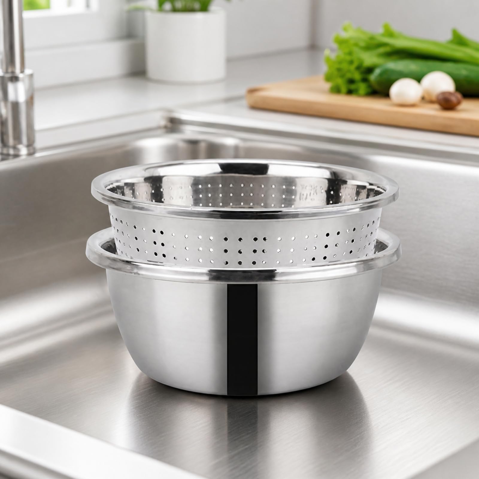 rockible 2 Piezas Acero Inoxidable con Colador Perforado Set Tazón Colador Acero Inoxidable Multifuncional para Cocinas Pequeñas, 32 CM, Juego Tazón