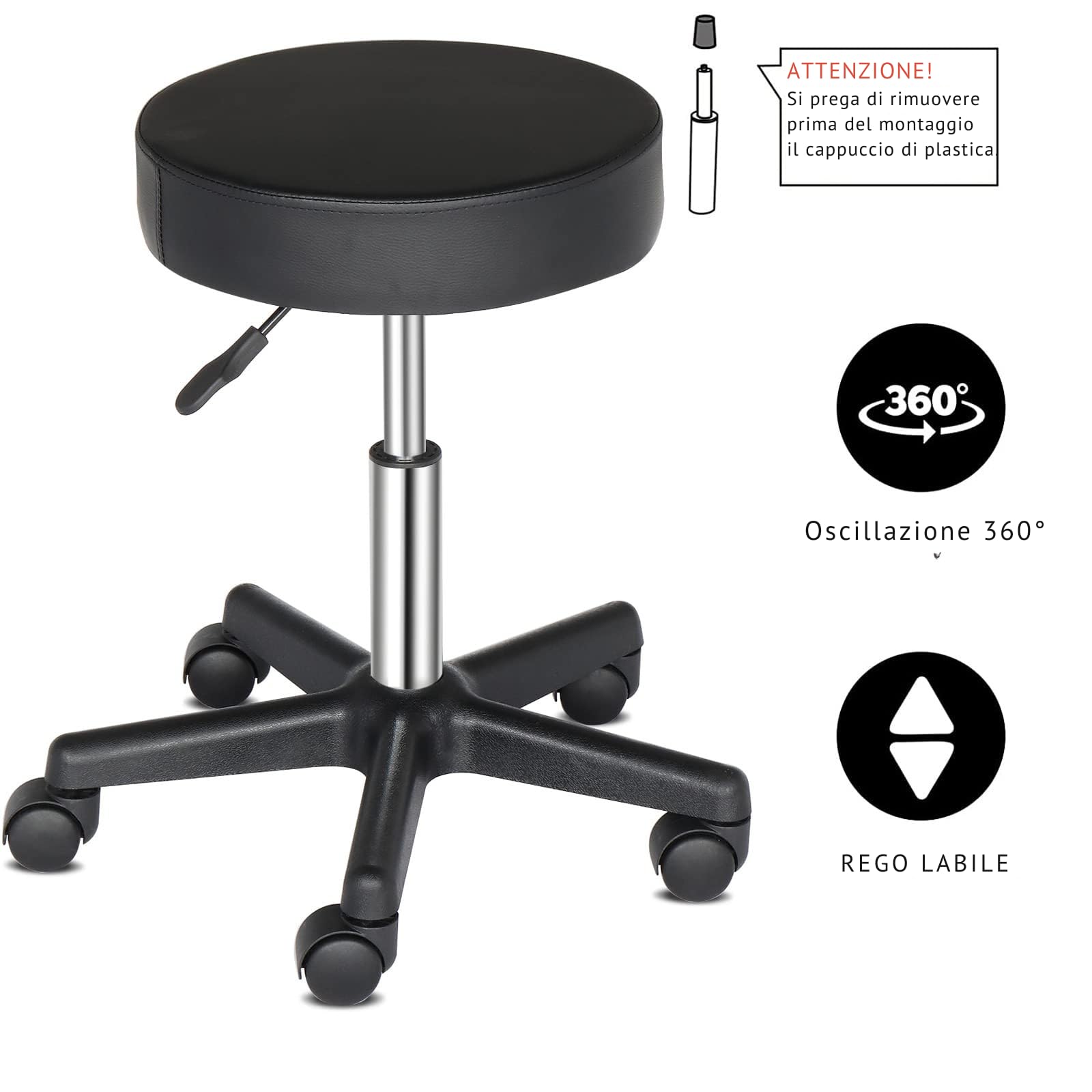 Sgabello PU Ruote Regolabile 46-61cm 2pz | 2 pezzi sgabello in pelle PU, ruote, altezza 46-61cm regolabile, per bar, casa, parrucchiere, ufficio