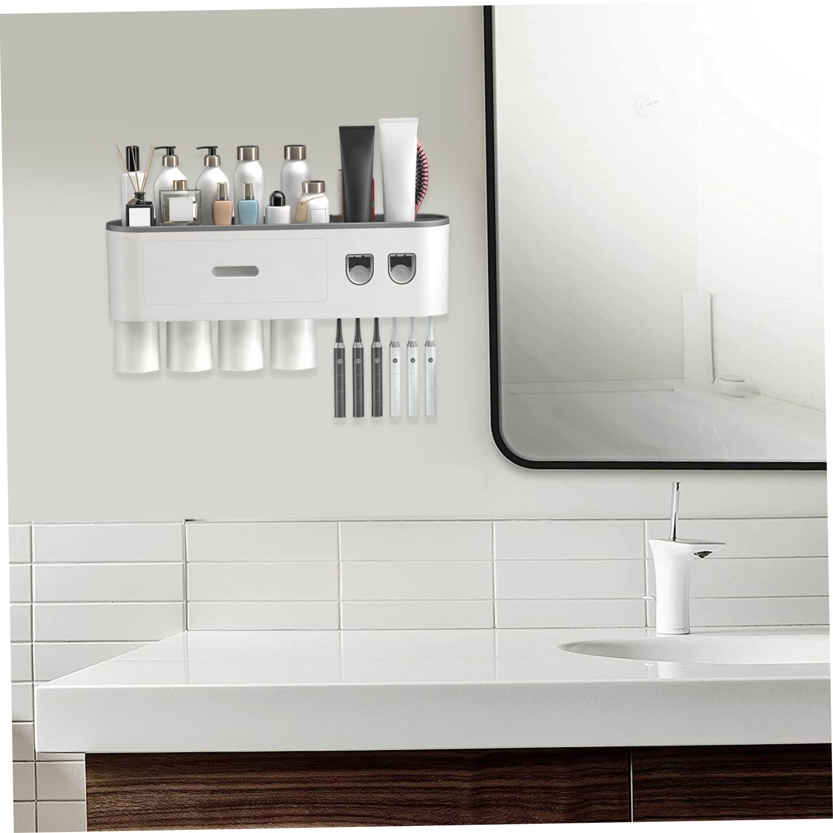 Soporte de pared para cepillo de dientes, dispensador automático de pasta de dientes con 4 tazas magnéticas, 6 ranuras para cepillo, bandeja de almacenamiento y cajón para baño