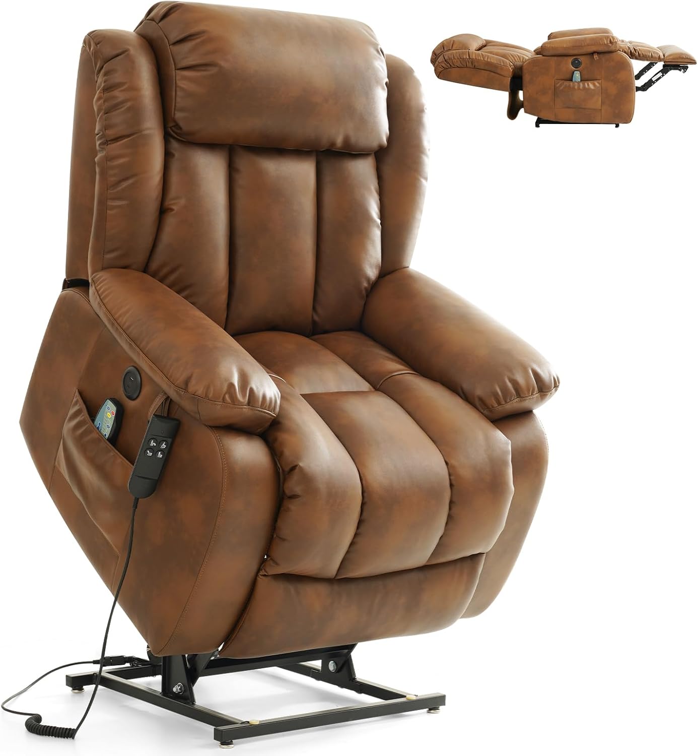 Lift Recliner Chair, Dual Motor Infinite Position Lay Flat Lift Chairs with 8-Point Massage & Heat,USB/Type-C Ports, Dual Remote Control,Heavy Duty 350lbs Capacity, Width 18.6" (Leather, Ochre)