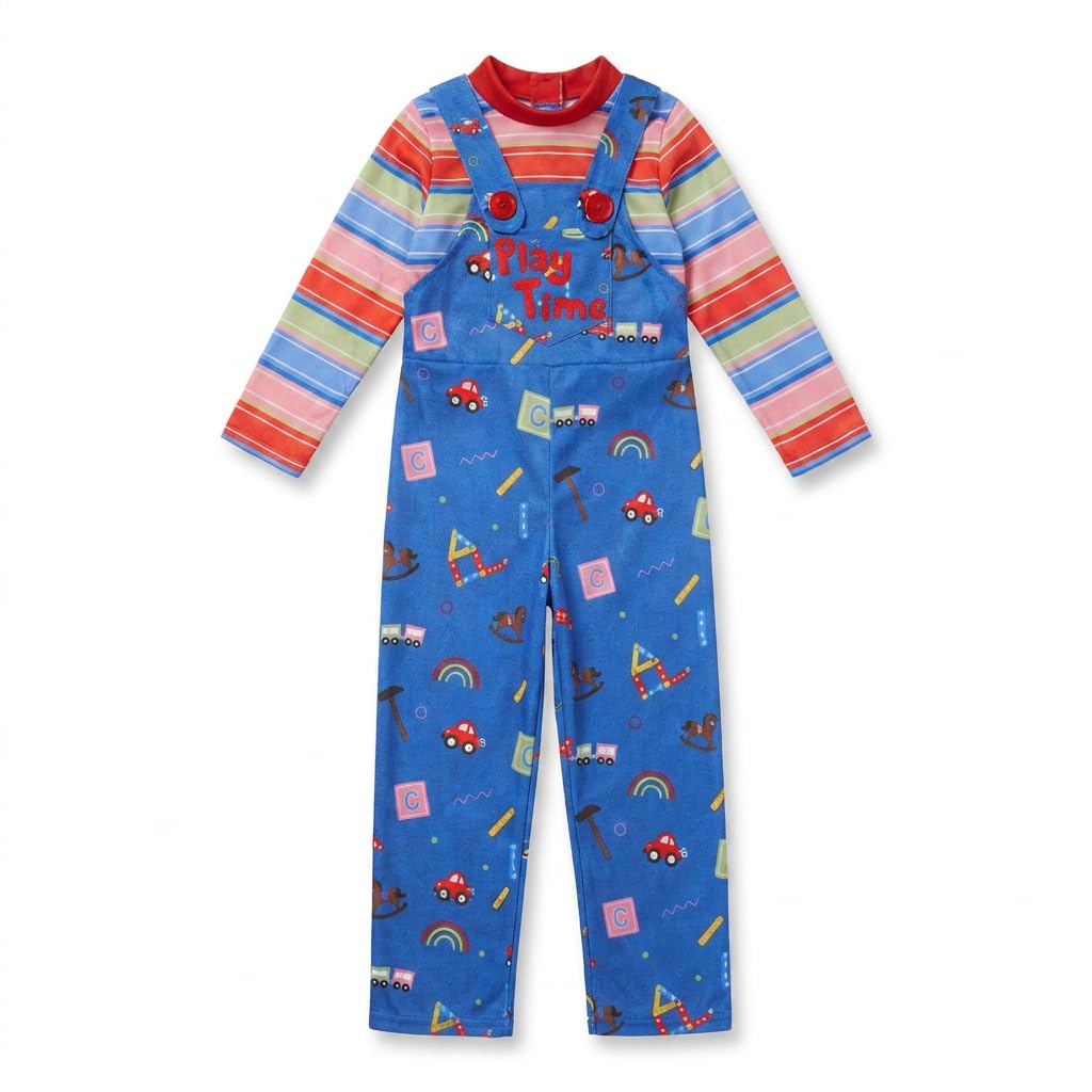 Morph Disfraz Muñeco Diabólico Asesino Infantil Mono Azul Top Rayas Manga Larga Halloween Terror Tallas T1 T2 S