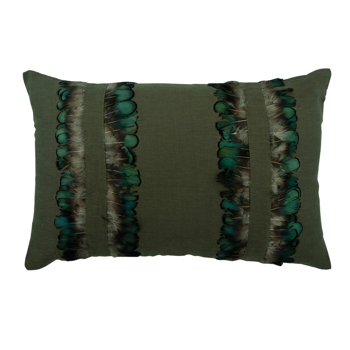 The HomeCentric Decorative Olive Green 12"x26" (30x65 cm) Lumbar Big Throw Cushion Covers, Linen Feather Bed Lumbar Cushion, Abstract Pattern Modern Style - Peacock Masquerade — image 1
