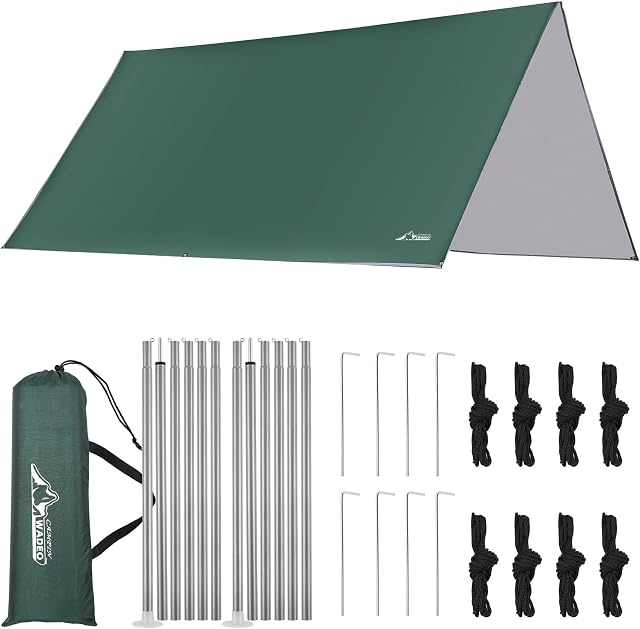 WADEO Camping Tent Tarp Shelter, 3m x 3m Hammock Tarpaulin Waterproof Ground Sheets Portable Tarpaulin Shelter with 8 Pegs and 8 Guy Lines for Camping Picnic Hiking Adventure