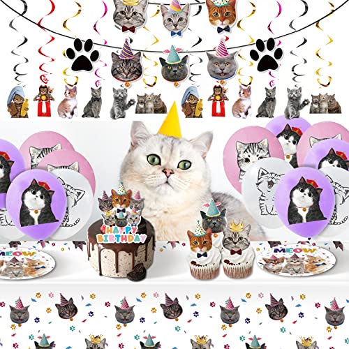 Juhap 96Pcs Cat Birthday Party Supplies, Kitten Birthday Decorations Includes Plates, Napkins, Table Covers, Cake Toppers, Balloons, Cat Banners, Swirls For Meow Kitty Theme Birthday Party Supplies #TOP4