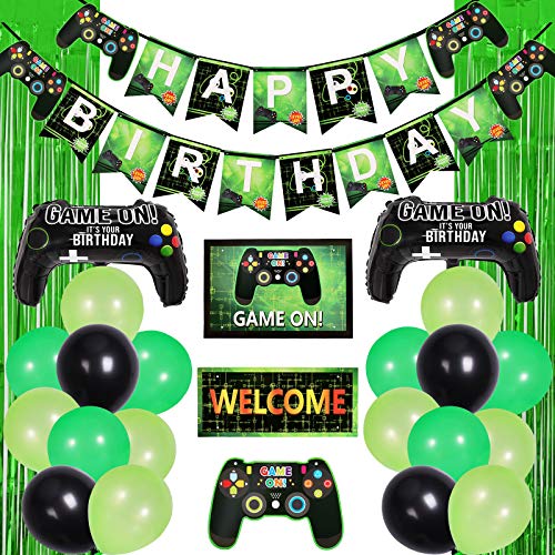 Garma Video Game Party Supplies, Gamer Birthday Decorations for Boys Including Green Black Balloons Garland Arch Kit Banner Hanging Sign Green Foil Fringe Curtains Gamepad Balloons