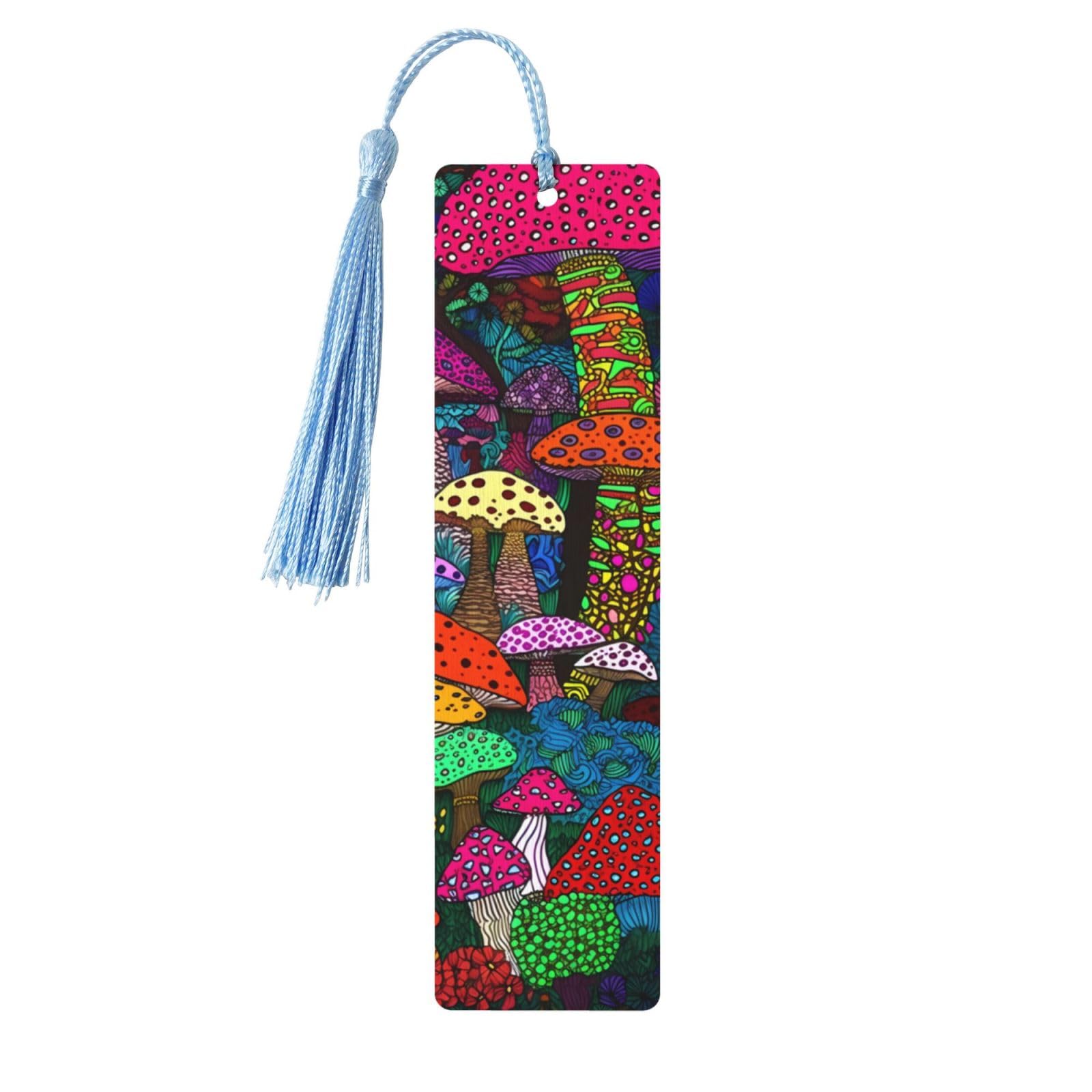 Funny Mushrooms Double-Sided Print Funny Mushroom Bookmarks Wooden Book Marks with Sky Blue Tassel, Cartoon Plant Lightweight Page Markers Book Lovers Gifts