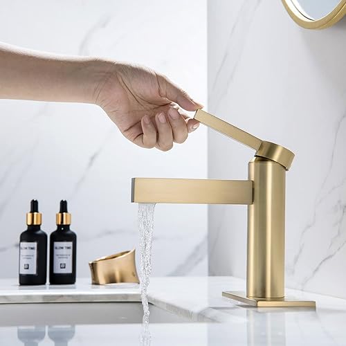 Miniatura 8 de Grifo de un solo mango para lavabo de baño con conjunto de drenaje para fregadero de 1 agujero de 4 pulgadas, dorado cepillado champán