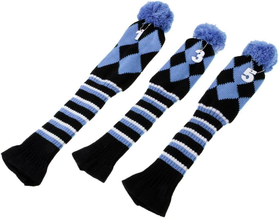 3 Pcs Knitted Pom Pom Sock Covers 1-3-5 Golf Headcover Set For Golf Dirver/Fairway Wood Golf Club Headcovers Amparo Blue One Size