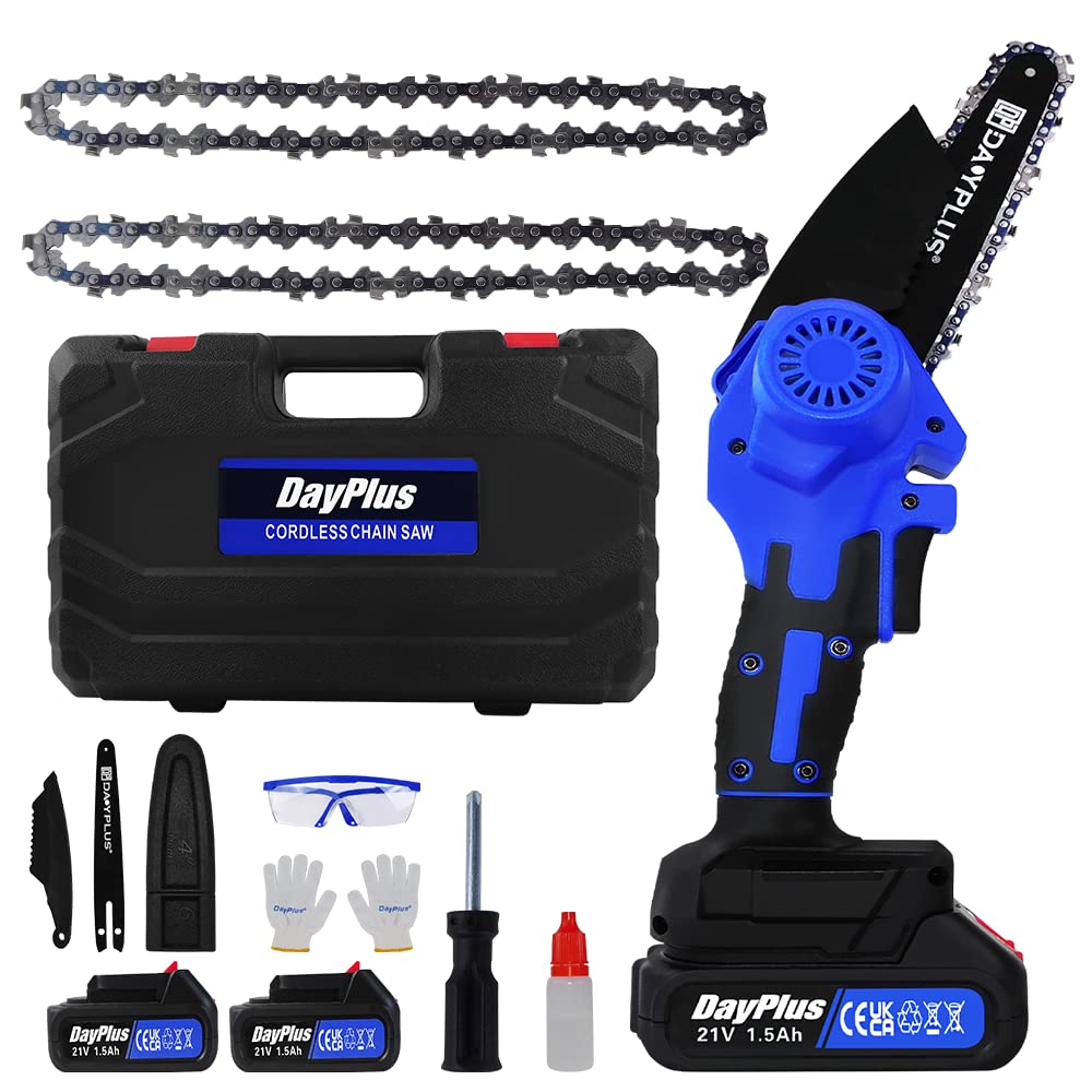Motosierra eléctrica de 6 pulgadas, 21 V, batería con 2 pilas de 1500 mAh, motor sin escobillas, mini motosierra portátil, cortador de madera con 2 cadenas para árboles