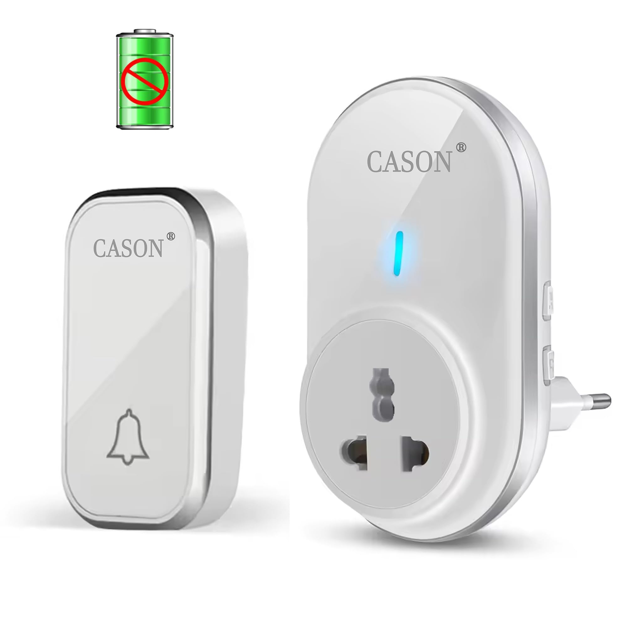 CASON - Self-Powered Battery Free Wireless Door Bell for Home Long Range/Wireless Calling Bell,Remote Bell With Socket Plug In type,up to 1000ft Range (White)
