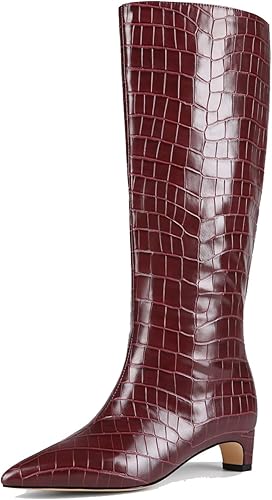 orzomminun Women's Knee-High Pointed Toe Kitten Heel Women's Low Heel Fashion Bo