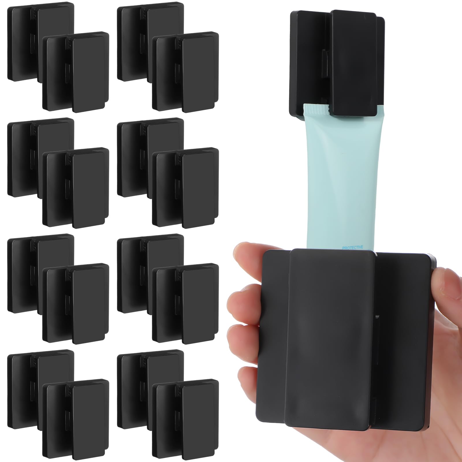 Briwooody 16 Pcs Large Self Adhesive Wall Clips Hook 2.36 Inch Anti Slip Hanging Clips No Drilling Towel Holder ABS Adjustable Spring 15 mm for Bathroom Kitchen Home Hotel(Black)