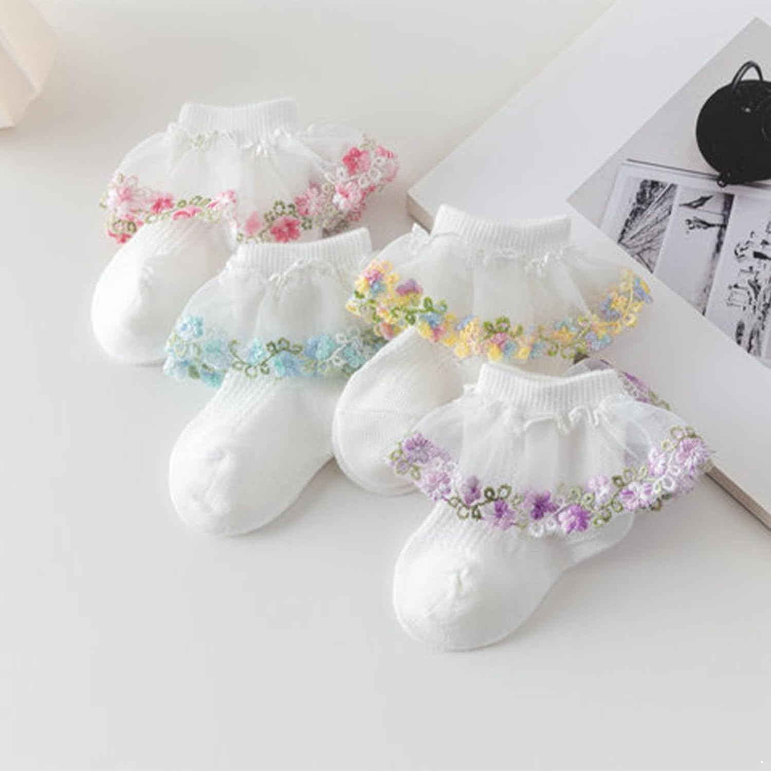 iiniim 4 Pack Kids Baby Infant Cute Lace Mesh Ankle Cotton Socks with Embroidered Flowers