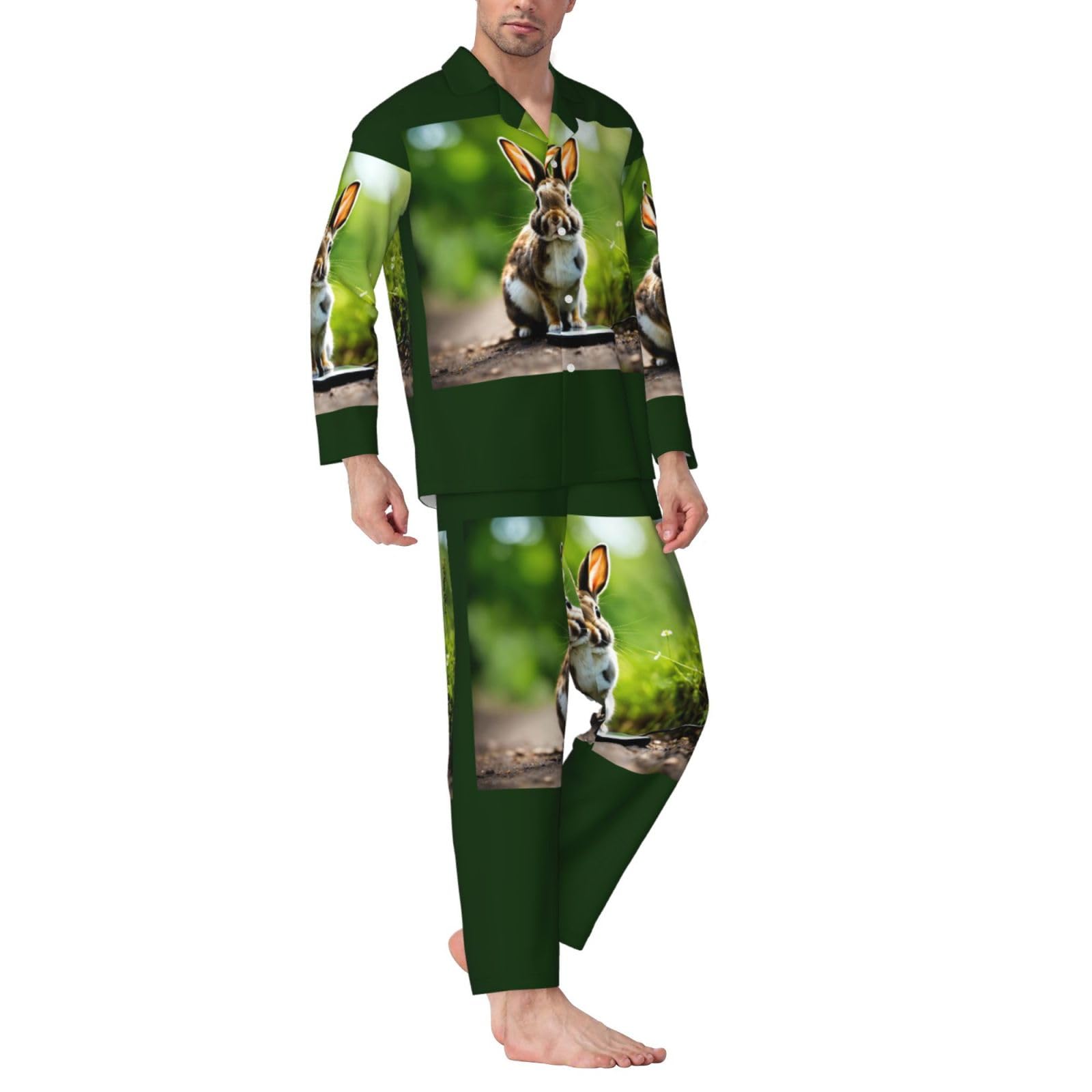 Herren-Pyjama-Set mit Hasen-Motiv, langärmelig, zweiteilig, Hauskleidung, bequeme Nachtwäsche