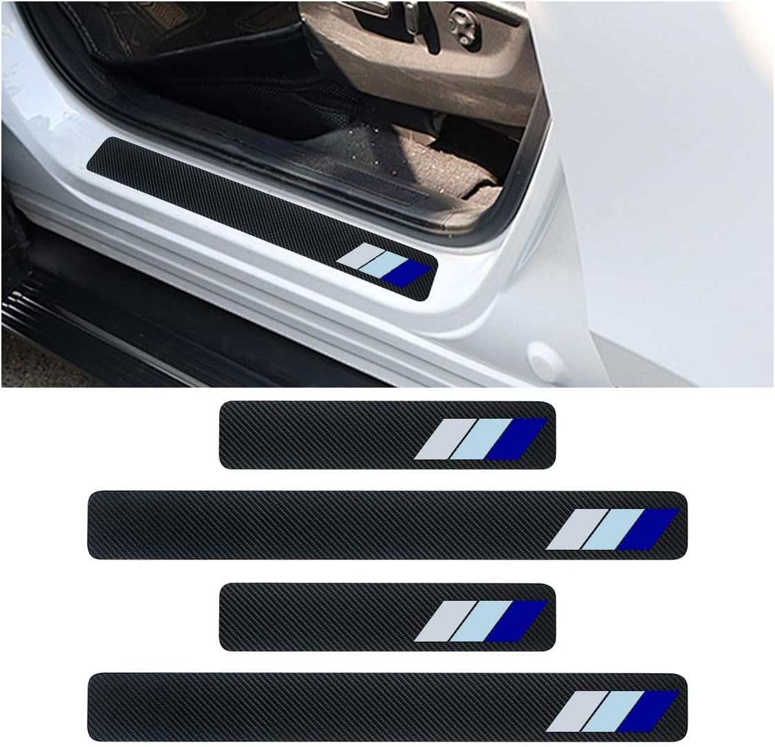 KITUREK 4PCS Tri-Color Door Sill Protectors, Carbon Fiber Door Threshold Protection, Front/Rear Door Sill Plate Step Guard, Anti-Scratch Entry Guard Sticker for Toyota Tacoma TRD 4Runner Rav4 (Blue)