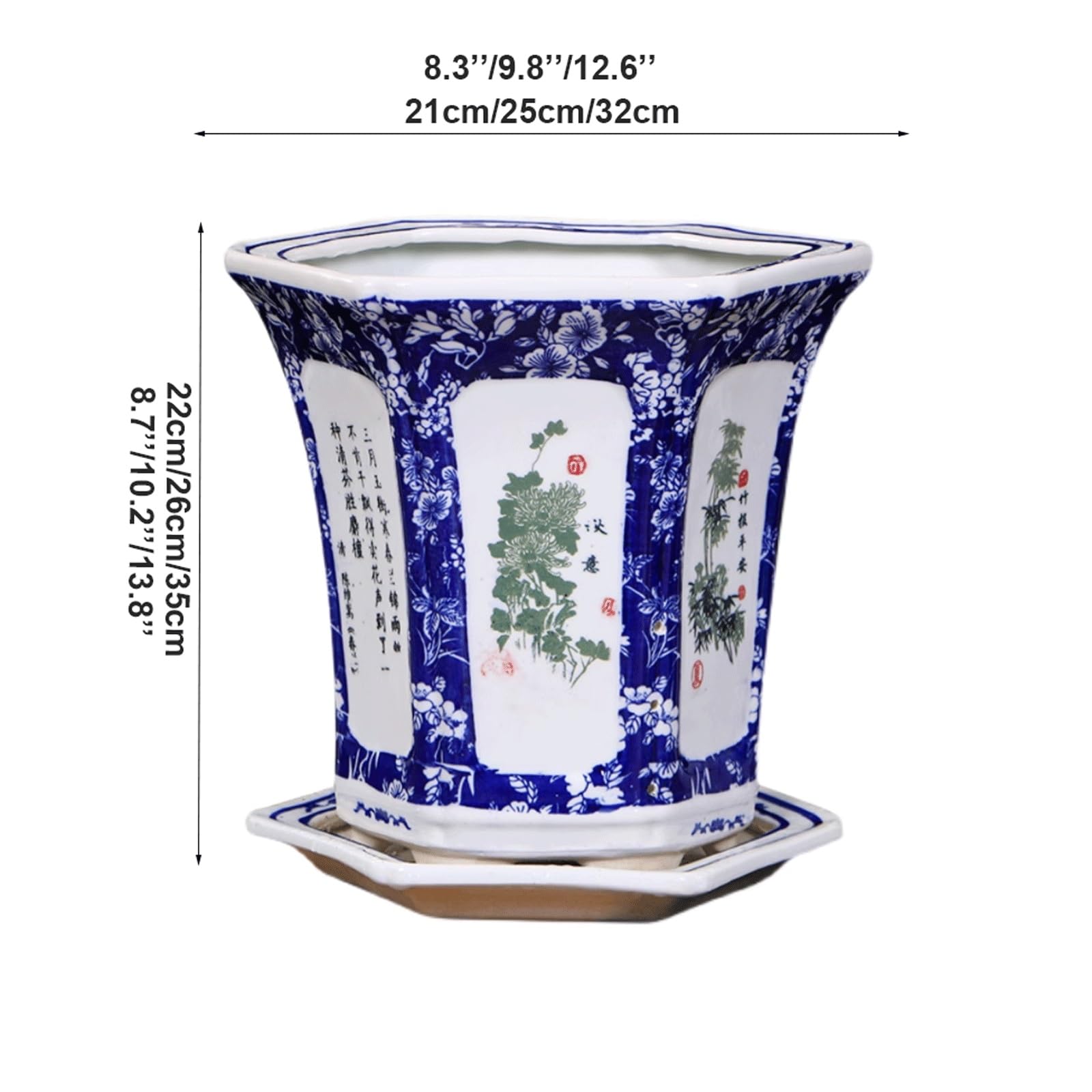 Dekoracyjna doniczka ceramiczna Jingdezhen, niebiesko-biała porcelanowa doniczka z otworem drenażowym i spodkiem, sześciokątna doniczka, glazurowana doniczka bonsai na storczyki, sukulenty, taras (21