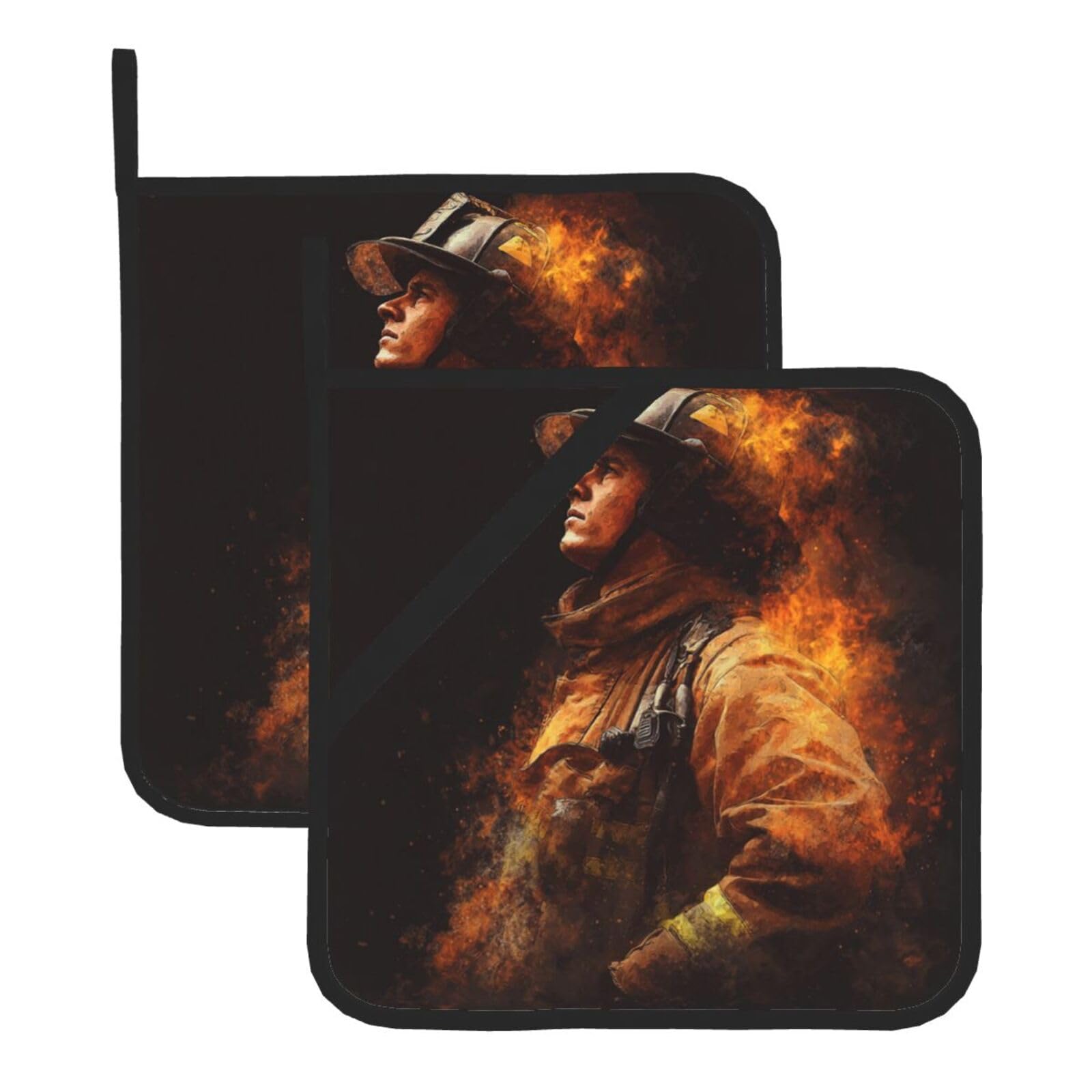 Pot Holders for Kitchen Heat Resistant Hot Pads Firefighter Fireman Flame Potholders Set of 2 Trivets Non Slip Cotton Lining Home Kitchen Oven Hot Pads for Cooking Baking BBQ Kitchen Accessories