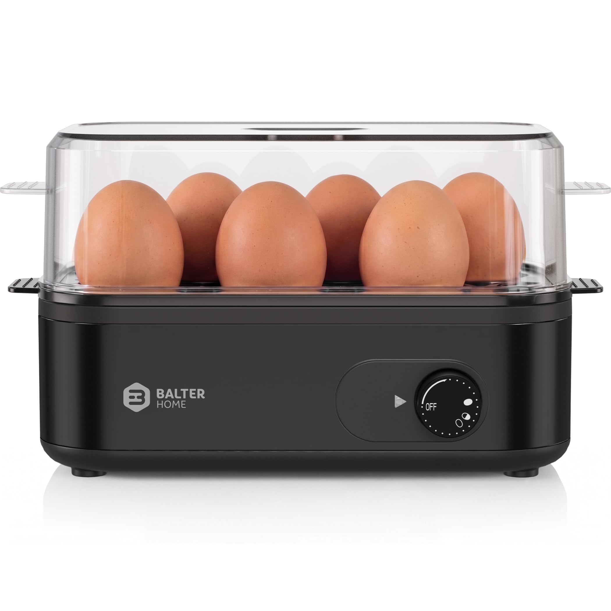 Balter Rapid Egg Cooker, 6 Egg Capacity Stainless Steel Boiler Egg Maker for Soft, Medium, Hard Boiled Eggs, Poached with Auto Shut-Off & Buzzer, Includes Omelet Bowl & Measuring Cup, BPA Free, Black