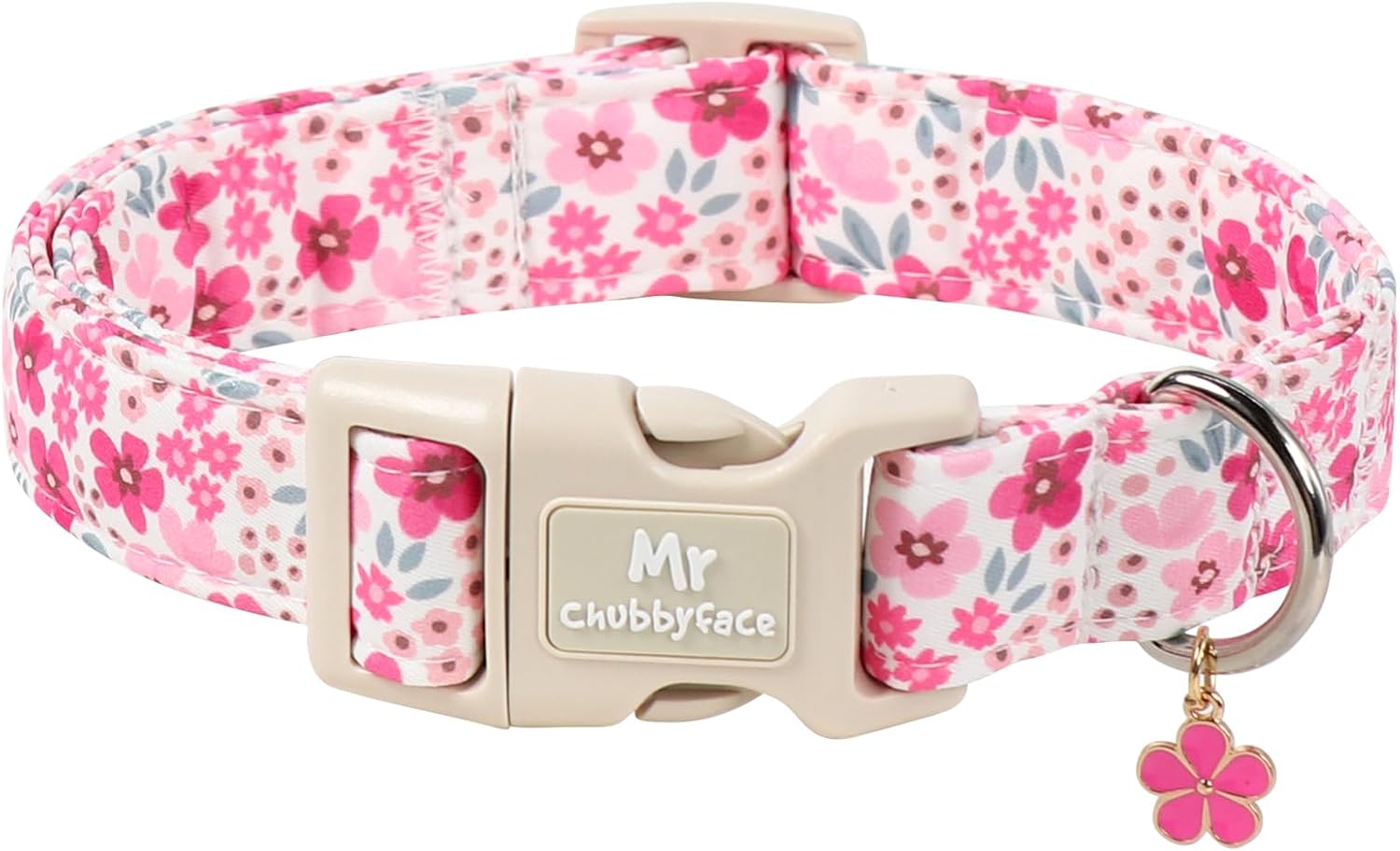 ·MR.CHUBBYFACE· Pink Flower Dog Collar, Pink Spring Summer Dog Collar with Plastic Buckle, Adjustable Durable Pink Girly Female Puppy Collar, Soft Fabric Collar for Small Dog Collar