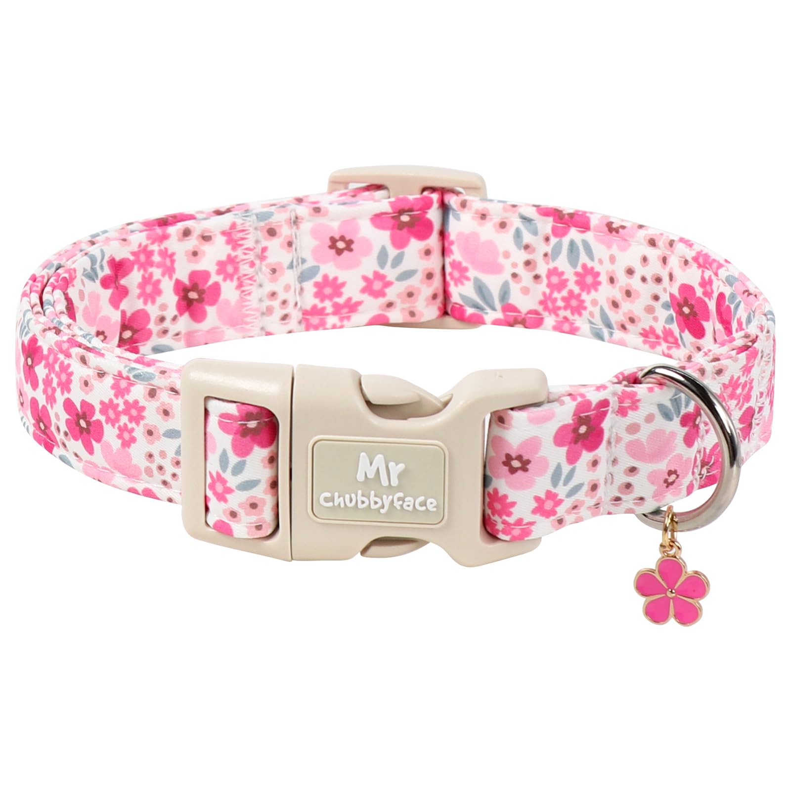 ·MR.CHUBBYFACE· Pink Flower Dog Collar for X-Small Female Male Dogs S | Pink Spring Summer Dog Collar with Plastic Buckle, Adjustable Durable Pink Female Puppy Collar, Soft Fabric Collar for Dogs